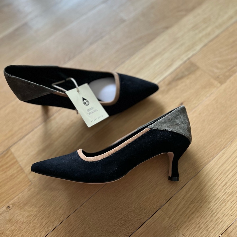 Black and Tan Heels with Kitten Heel and Pointed Toe